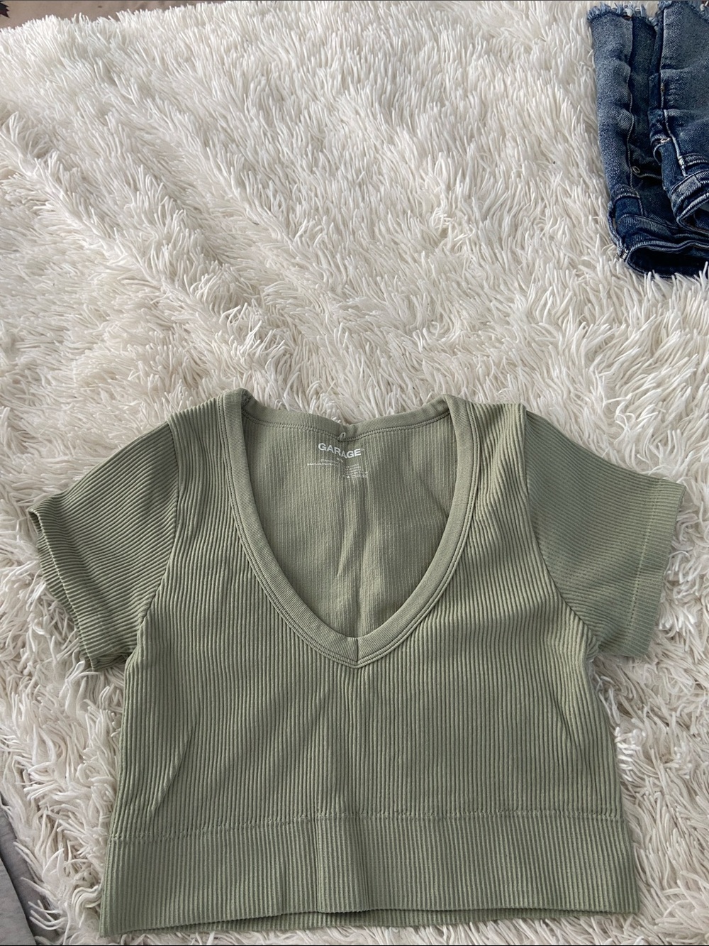 Garage Olive Green Ribbed V-Neck Crop Top